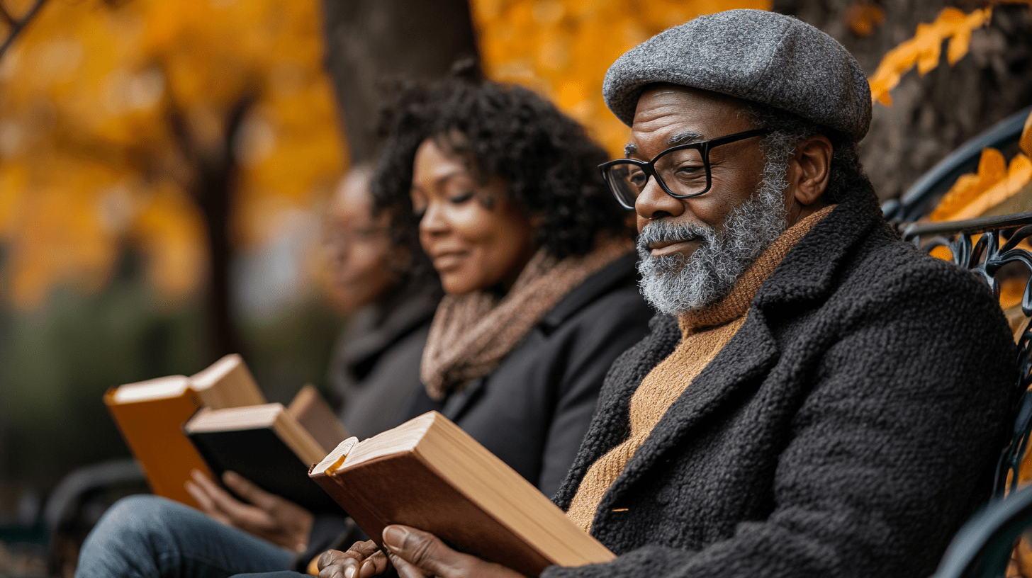 Three middle-aged friends reading