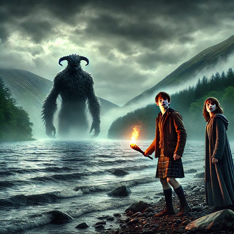 Image of logh ness monster across the lake and two young people. One has a lighted torch in his hand.