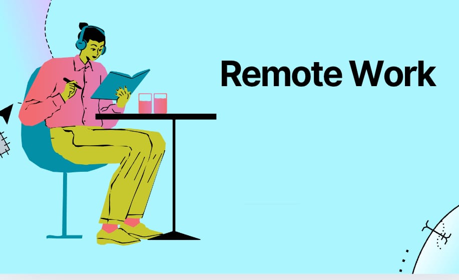 A man is sitting and with a pen and a notebook and beside him there is written "remote work".