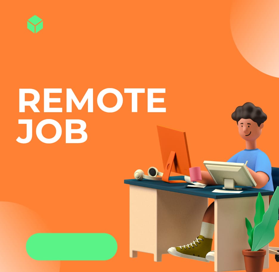 A man is working on laptop and beside him there is written "remote job"