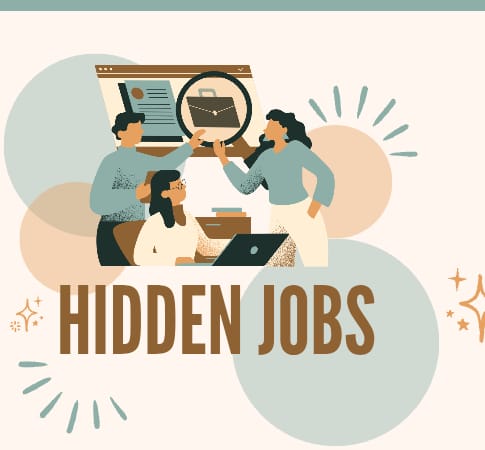 "Illustration of three people collaborating around a laptop and a magnifying glass highlighting a briefcase on a browser window, with the text 'HIDDEN JOBS' below."