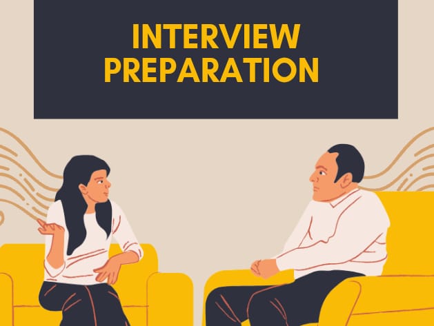 "INTERVIEW PREPARATION". This text is displayed in yellow letters on a dark grey rectangle at the top of the image, indicating the theme of the illustration below, which shows a woman and a man sitting on yellow chairs facing each other, likely in a mock interview setting.