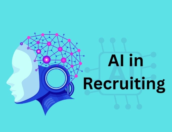 "AI in Recruiting" - a graphic depicting a human head silhouette with a blue robotic element and network connections in pink and purple hues on a teal background.