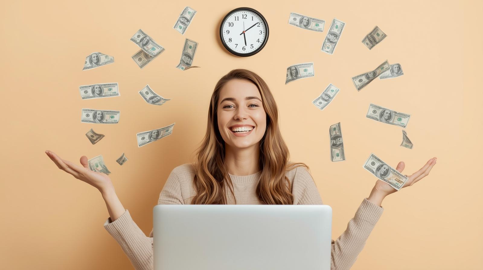 A woman with a joyful expression is seated, with a laptop placed before her. Above her head, a clock is visible, and money is scattered all around her.