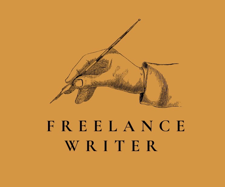 Alt text: "A sketch of a hand holding a quill pen on a mustard yellow background with the text 'FREELANCE WRITER' below."