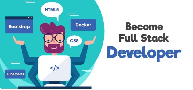 "A cartoon illustration of a developer with purple hair and beard, sitting with a laptop showing code symbols. Surrounding the developer are tech-related terms like HTML5, Bootstrap, Docker, CSS, and Kubernetes with text 'Become Full Stack Developer'."
