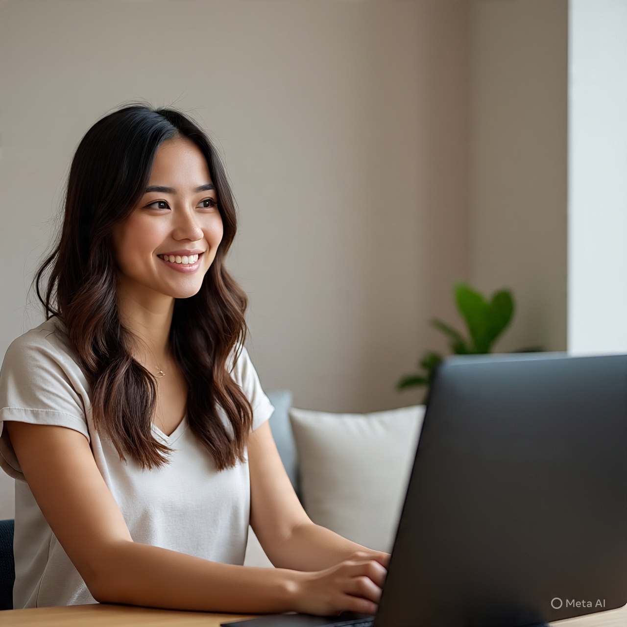 Alt text: A young woman with long dark hair and a white T-shirt is sitting at a wooden table, smiling while using a laptop. There's a couch with a white pillow and a green plant in the background against a beige wall.