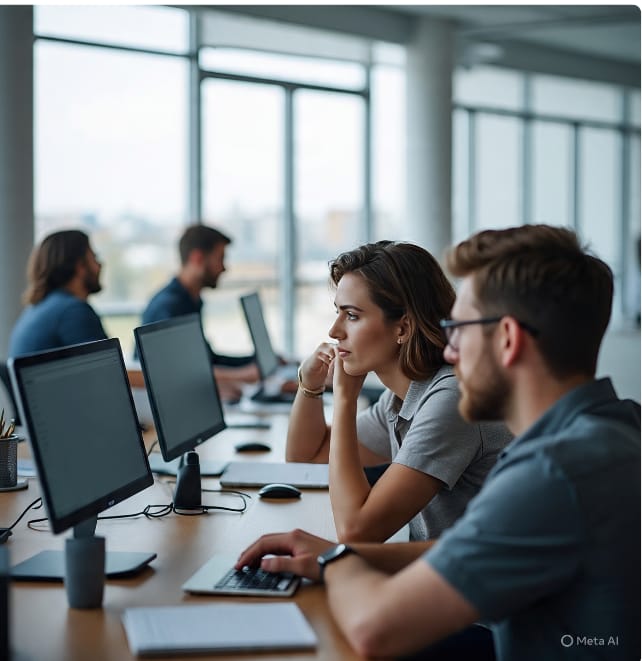 A woman with brown hair and a gray shirt sits at a desk in an office, looking left with her hand on her chin. A man in a dark blue shirt sits next to her, facing right with glasses on. Other people work at desks in the background. Large windows show a blurred outdoor view.