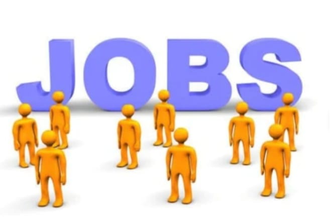 "3D rendering of the word 'JOBS' in large blue letters with nine orange human figures standing in front of it on a white background."