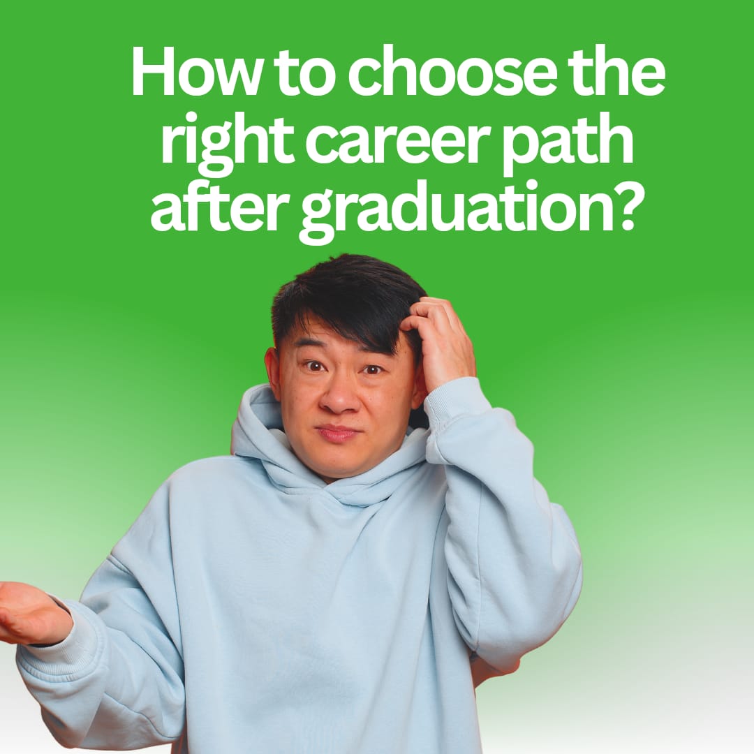 "A person in a light blue hoodie looking puzzled with the text 'How to choose the right career path after graduation?' on a green background."