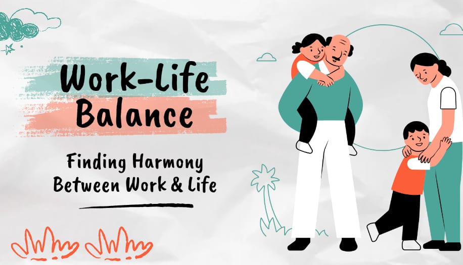 "Illustration of a family with two adults and two kids enjoying time together, alongside the text 'Work-Life Balance: Finding Harmony Between Work & Life' with decorative elements.