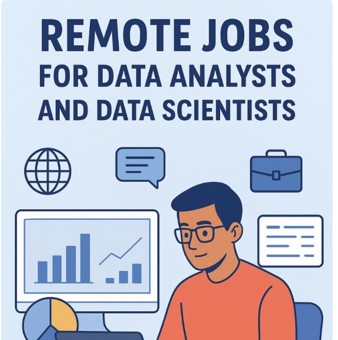 The alt text for the image could be: "Graphic for 'Remote Jobs for Data Analysts and Data Scientists' showing a cartoon man in an orange shirt working on a computer with graphs, accompanied by icons of a globe, chat bubble, briefcase, and document."