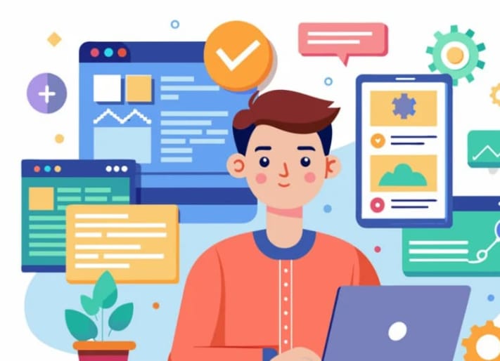 A cartoon man with brown hair and an orange shirt is working on a laptop. Surrounding him are various digital elements like browser windows, a phone screen, speech bubbles, gears, and a plant.