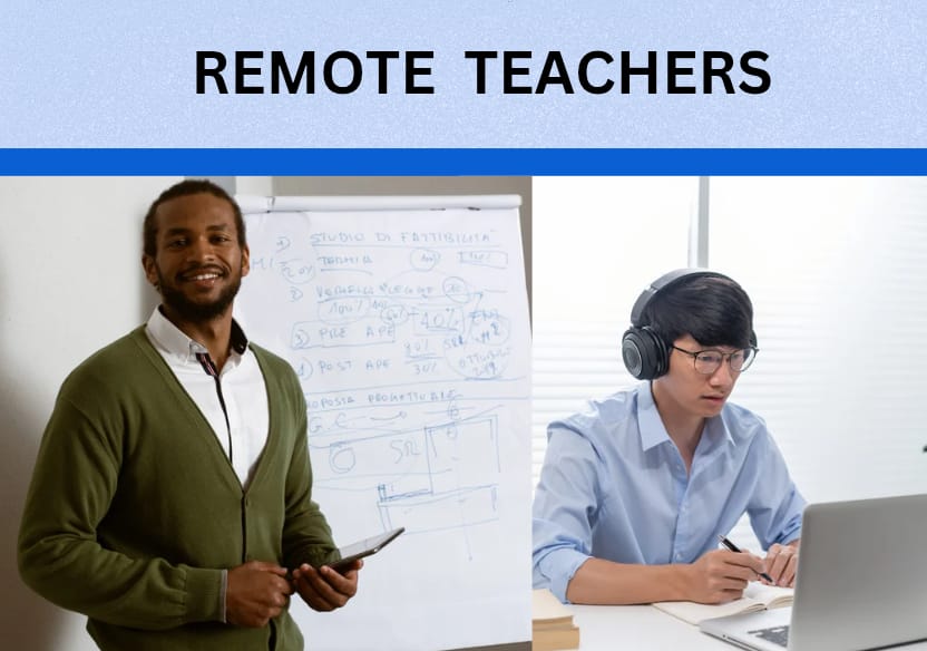 "REMOTE TEACHERS" is written at the top. The image shows two people: - On the left, a man with short dark hair and a beard, wearing a green cardigan over a white shirt, holding a tablet and standing in front of a whiteboard with notes. - On the right, a person with short dark hair and glasses, wearing a light blue shirt and headphones, writing in a notebook with a laptop nearby.