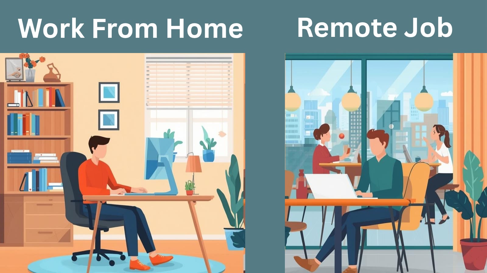 "Illustration comparing 'Work From Home' and 'Remote Job' setups. Left side shows a person working from home in a cozy room with books and plants. Right side depicts people working remotely in a cafe-like setting with a city view." something related to work-from-home or remote jobs?