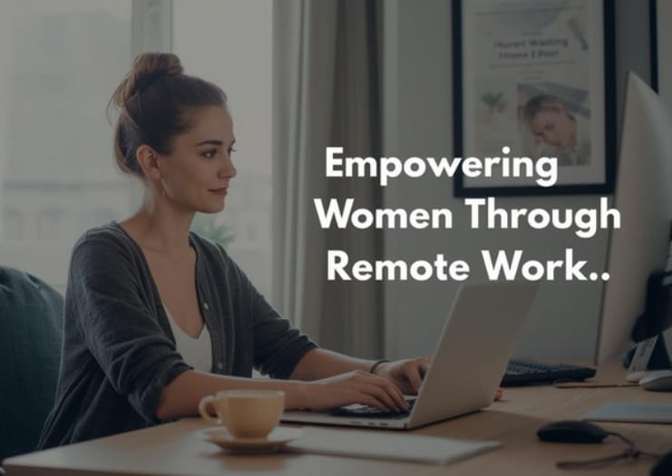 A woman is sitting at a desk with a laptop, working remotely. There's a cup of coffee on the table, and a monitor beside the laptop. A poster with a child's photo is visible in the background near a window. The text "Empowering Women Through Remote Work.." is overlaid on the image.