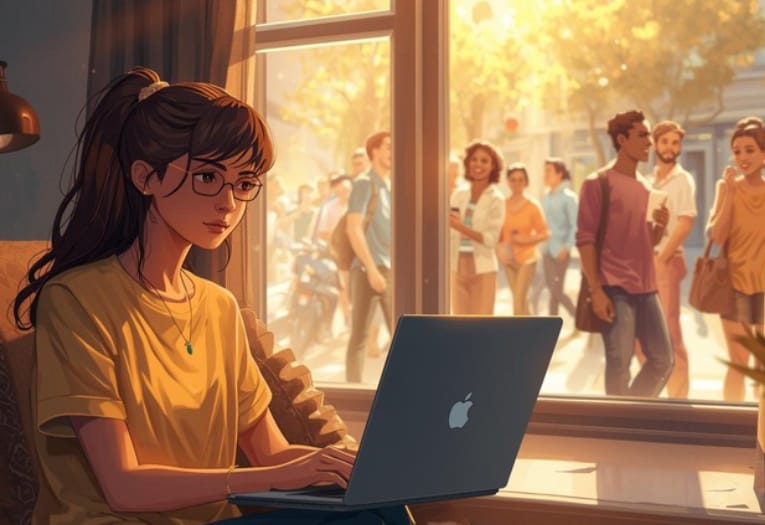 Alt text: A woman is sitting at a desk with a laptop, working remotely. There's a cup of coffee on the table, and a monitor beside the laptop. A poster with a child's photo is visible in the background near a window. The text "Empowering Women Through Remote Work.." is overlaid on the image.