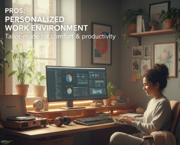 "A woman working in a cozy, personalized home office with plants, art on walls, and a desk setup with a computer, keyboard, record player, and headphones. Text overlay says 'PROS: PERSONALIZED WORK ENVIRONMENT Tailor-made for comfort & productivity'"