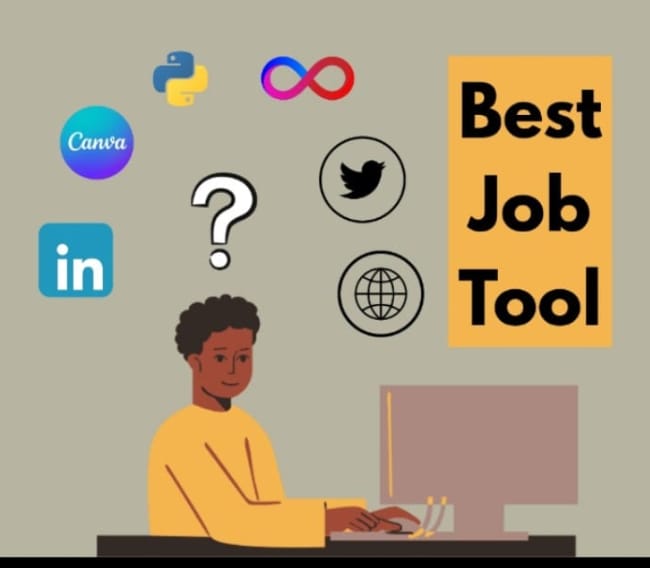 "Best Job Tool" is written on a yellow rectangle on the right. Logos of Python, Canva, LinkedIn, Infinity symbol, Twitter, and a globe are around a question mark above a person working on a computer.