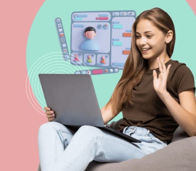 "A girl sitting with a laptop, waving at a video call interface on the screen. She has long brown hair, wears a brown T-shirt and light blue jeans. Background has a pink and mint green color scheme with a graphic of a video call window."
