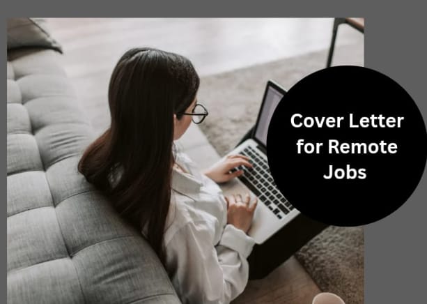 "A woman working on a laptop while sitting on a couch with a text overlay saying 'Cover Letter for Remote Jobs'."