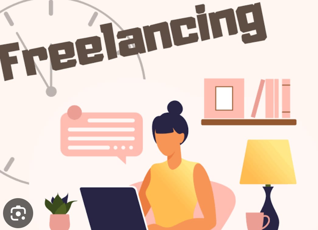 Image shows a cartoon illustration of a woman working on a laptop with the word "Freelancing" prominently displayed. Here's the text extracted from the image: - "Freelancing"