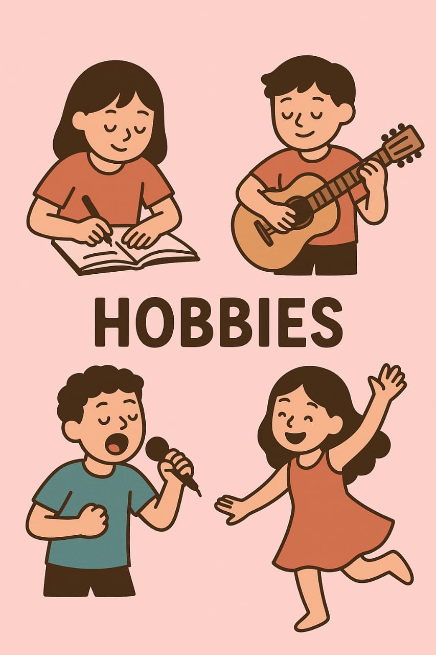 Alt text: "Illustration of four cartoon people engaging in hobbies on a light pink background. Top left: a girl writing in a book. Top right: a boy playing guitar. Bottom left: a boy singing into a microphone. Bottom right: a girl dancing. The word 'HOBBIES' is centered in brown text."