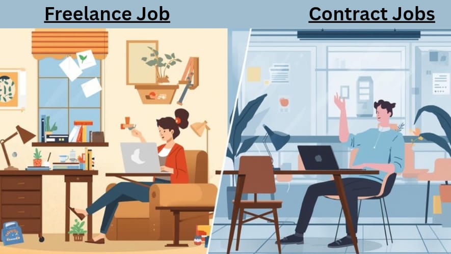 A split image, visually contrasting the experience of working from home versus a remote job. On the left, a person is comfortably seated at a home office desk, surrounded by personal items, with a laptop open and a warm, domestic atmosphere. On the right, a different individual is shown in a more dynamic remote work setting, perhaps a bustling coffee shop or a co-working space, with a laptop and a sense of being out in the world. The style should be illustrative, with a clear separation between the two scenes, using a palette that emphasizes comfort and focus for the home setting, and adaptability and connectivity for the remote setting.