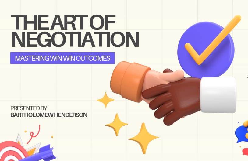 The image depicts "THE ART OF NEGOTIATION" in large black text at the top left, with "MASTERING WIN-WIN OUTCOMES" in a purple rectangle below it. Two hands, one with a brown skin tone and one with a lighter skin tone, are shaking hands in the center-right. A blue circle with a yellow checkmark is above the handshake. The bottom left says "PRESENTED BY BARTHOLOMEW HENDERSON." The background is off-white with a grid pattern and decorative elements like stars and shapes in the corners.