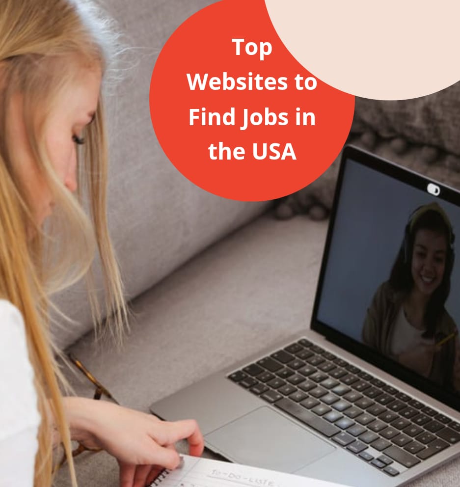 The alt text for the image could be: "A woman with long blonde hair is sitting on a couch, looking at a laptop screen displaying a video call with another woman. A red circle in the top-right corner reads 'Top Websites to Find Jobs in the USA'."