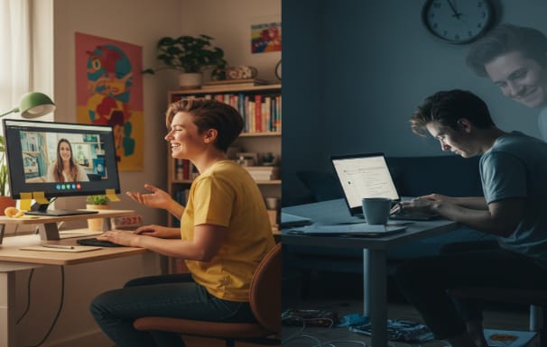 "A split image showing two scenes of a person working. On the left, a person in a yellow shirt is on a video call on a desktop in a bright room with posters and plants. On the right, the same person in a gray shirt is working on a laptop in a dimly lit room at night with a clock on the wall."