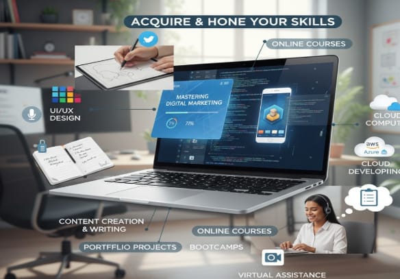 The alt text for the image could be: "A laptop on a desk displaying 'Mastering Digital Marketing' with various skills like UI/UX Design, Content Creation & Writing, Online Courses, Cloud Computing, and Virtual Assistance surrounding it."