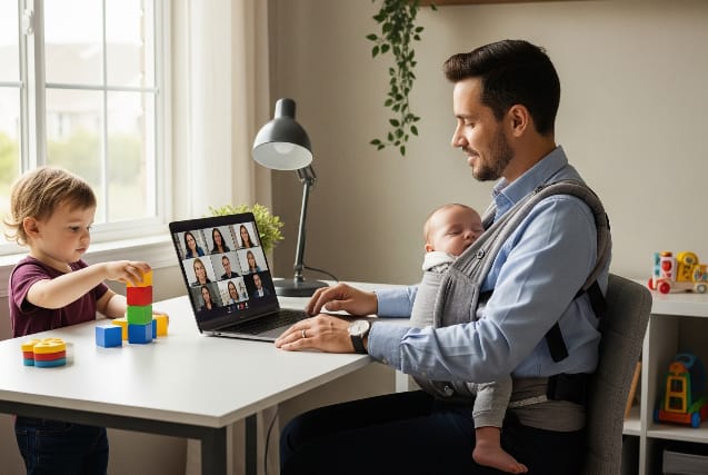 A man is sitting in a chair with a baby in a baby carrier on his chest. He's working on a laptop with a video call on the screen showing six people. A toddler is playing with colorful blocks on a table next to him. The room has a window, a lamp, a plant, and a shelf with toys.