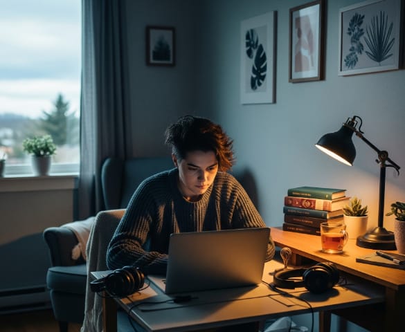 A person sitting at a desk with a laptop, wearing a dark sweater, surrounded by a cozy setup with a lamp, books, plants, and headphones. There's a window with a view of trees and sky in the background.