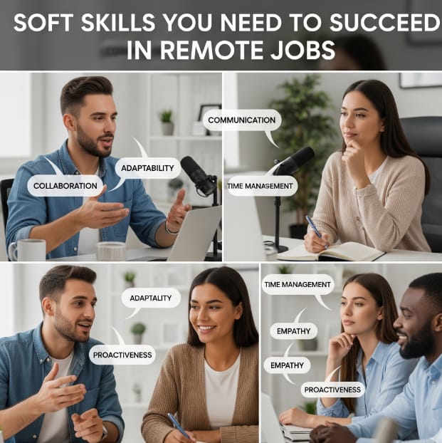 The image highlights these specific soft skills for succeeding in remote jobs: Collaboration Adaptability Communication Time Management Proactivity Empathy