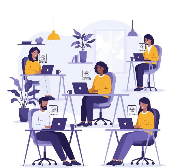 An illustration of five people working on laptops in a shared workspace. Each person has a "CERTIFIED" badge next to them. The workspace has desks, chairs, plants, and lamps. Three people wear yellow tops, one wears a white top, and one wears a yellow top with dark pants.