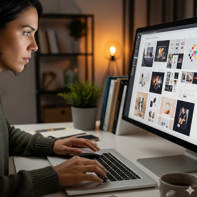 A woman working on a laptop connected to an external monitor displaying a grid of images. She's wearing a green sweater, sitting at a desk with a cup and notebook nearby. The background has a bookshelf, plant, and a lit lamp.