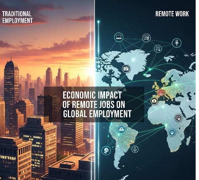 The image contrasts "Traditional Employment" on the left with "Remote Work" on the right. - Left side: A city skyline at sunset with "TRADITIONAL EMPLOYMENT" at the top. - Right side: A world map with connected icons representing remote work tools (like laptops, phones, cameras) and "REMOTE WORK" at the top. - Center: "ECONOMIC IMPACT OF REMOTE JOBS ON GLOBAL EMPLOYMENT" in white text on a semi-transparent overlay.