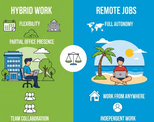 The alt text for this image could be: "Comparison of Hybrid Work and Remote Jobs highlighting key differences. Hybrid Work: Flexibility, Partial Office Presence, Team Collaboration. Remote Jobs: Full Autonomy, Work from Anywhere, Independent Work."