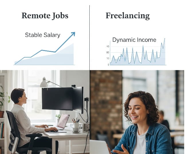 The image compares Remote Jobs and Freelancing with graphs and photos. - Remote Jobs - Graph shows "Stable Salary" with an upward trend line - Photo of a person working at a desk with a computer and monitor - Freelancing - Graph shows "Dynamic Income" with fluctuating ups and downs - Photo of a woman smiling while working on a laptop