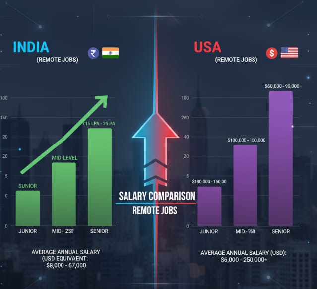 The chart compares average annual salaries for remote jobs in India and the USA across junior, mid-level, and senior positions. Salaries in India are shown in rupees with USD equivalents, while USA salaries are in USD.