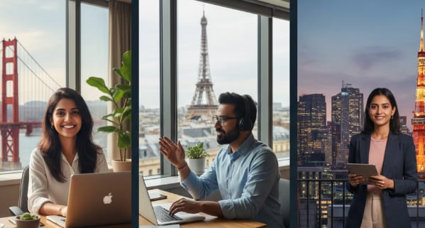 Collage of three photos showing people working remotely with iconic city views: Golden Gate Bridge (San Francisco), Eiffel Tower (Paris), and Tokyo cityscape. A woman works with a laptop in SF, a man gestures while working in Paris, and a woman holds a tablet in Tokyo.