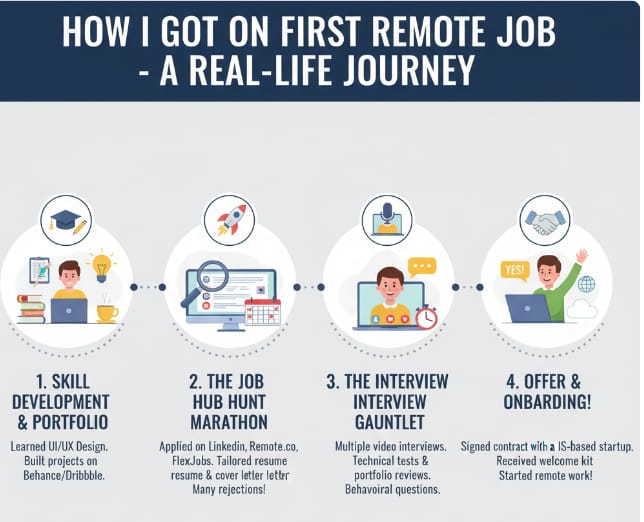 Infographic titled 'HOW I GOT ON FIRST REMOTE JOB - A REAL-LIFE JOURNEY'. It has four sections connected by a dotted line: 1. SKILL & DEVELOPMENT PORTFOLIO: Learned UI/UX Design. Built projects on Behance/Dribbble. 2. THE JOB HUB HUNT MARATHON: Applied on Linkedin, Remote.co, Flex.Jobs. Tailored resume & cover letter. Many rejections! 3. THE INTERVIEW INTERVIEW GAUNTLET: Multiple video interviews. Technical tests & portfolio reviews. Behavioural questions. 4. OFFER & ONBOARDING!: Signed contract with a US-based startup. Received welcome kit. Started remote work!"