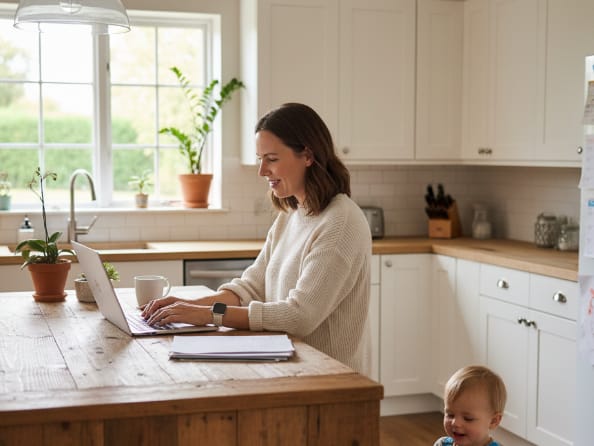 A woman is working on a laptop at a wooden kitchen counter with a baby partially visible in the bottom right corner. There's a potted plant and a mug on the counter. The kitchen has white cabinets, a sink with a window above it showing greenery outside, and a wooden countertop with kitchen essentials.