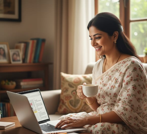 A woman in a white floral sari sits at a wooden table with a laptop, holding a white coffee cup and smiling while looking at the screen. Behind her is a beige couch with a patterned pillow, a bookshelf with books and photos, and a window with natural light.