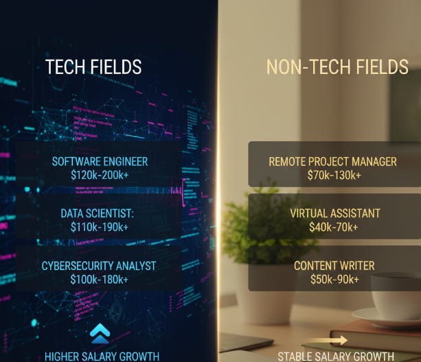 The image presents a split-screen comparison between Tech Fields and Non-Tech Fields, highlighting job roles and their respective salary ranges. Tech Fields- Software Engineer: $120k - 200k+ - Data Scientist: $110k - 190k+ - Cybersecurity Analyst: $100k - 180k+ - Salary Growth: Higher Salary Growth Non-Tech Fields- Remote Project Manager: $70k - 130k+ - Virtual Assistant: $40k - 70k+ - Content Writer: $50k - 90k+ - Salary Growth: Stable Salary Growth