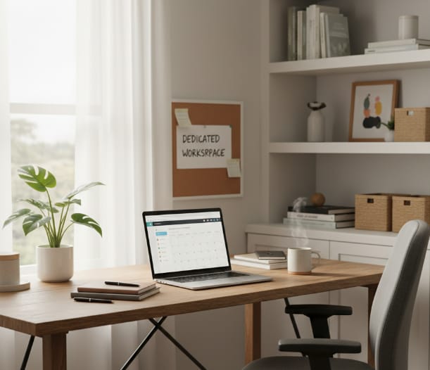 A dedicated workspace with a wooden desk, a laptop open to a calendar, a plant, notebooks, pens, and a coffee mug. There's a "DEDICATED WORKSPACE" sign on the wall above a white cabinet with books and decor on shelves. Natural light comes in from a window with sheer curtains.