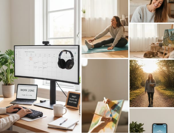 A collage of images showing a woman's daily routine. On the left, a person works at a desk with a monitor displaying a calendar, headphones, and a 'WORK ZONE' sign. Other images show the woman doing yoga, painting with a cat nearby, walking in nature, and using a phone. The scenes depict a balanced lifestyle of work and leisure."