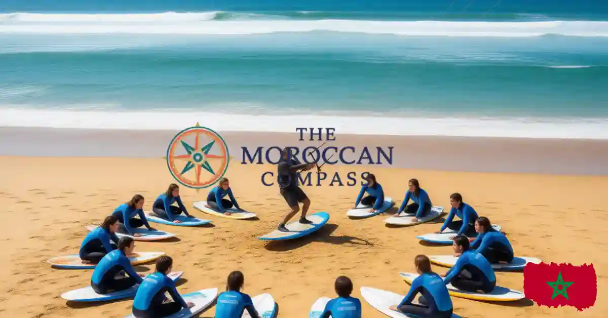 Beginners learning at one of the best surf camps Morocco offers, with an instructor on Taghazout beach.