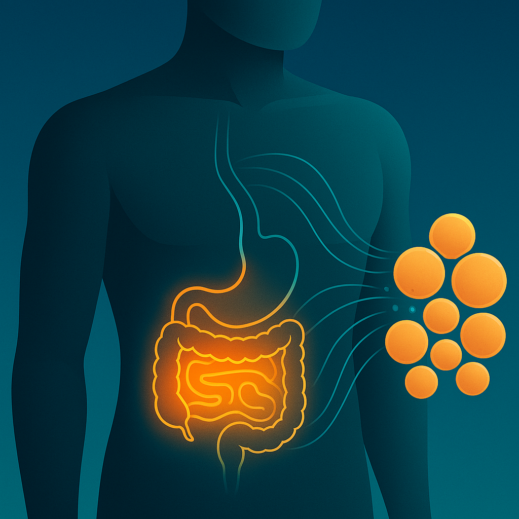 Medical illustration of a human torso showing glowing intestines linked to fat cells via flowing lines, representing the connection between gut health and fat metabolism. Deep blue and teal background with warm amber highlights, suitable for healthcare blog headers.
